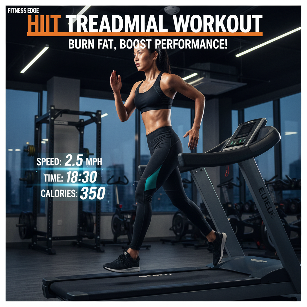 alt_text: Fit woman sprints on treadmill, sweat shining, surrounded by bold HIIT workout headlines and gym tech.