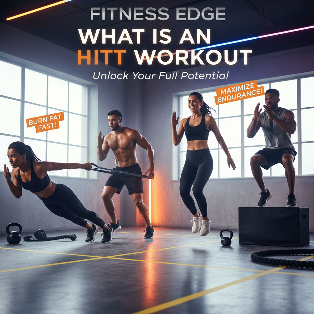 Diverse athletes perform intense HIIT moves in a vibrant gym, highlighting energy and fitness motivation.