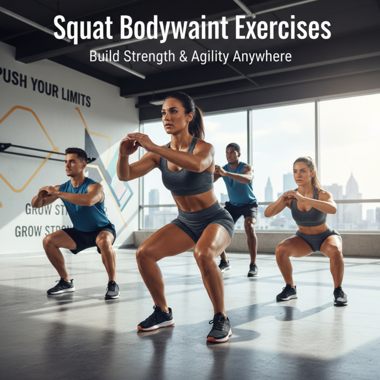 alt_text: Diverse athletes performing dynamic bodyweight squats in a bright, modern gym setting.