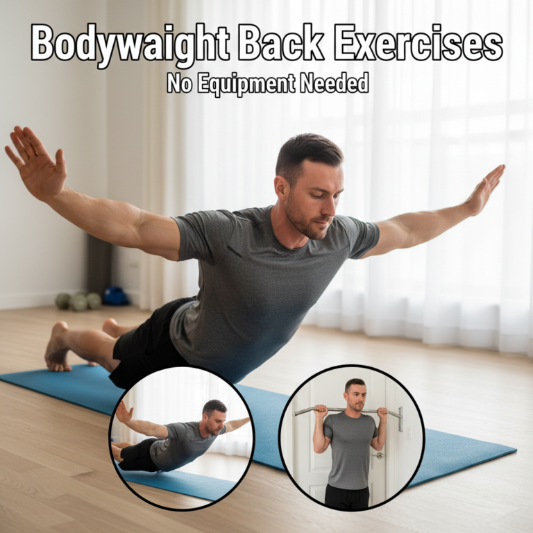 Fit person doing back exercises at home using only bodyweight; text: Bodyweight Back Exercises.