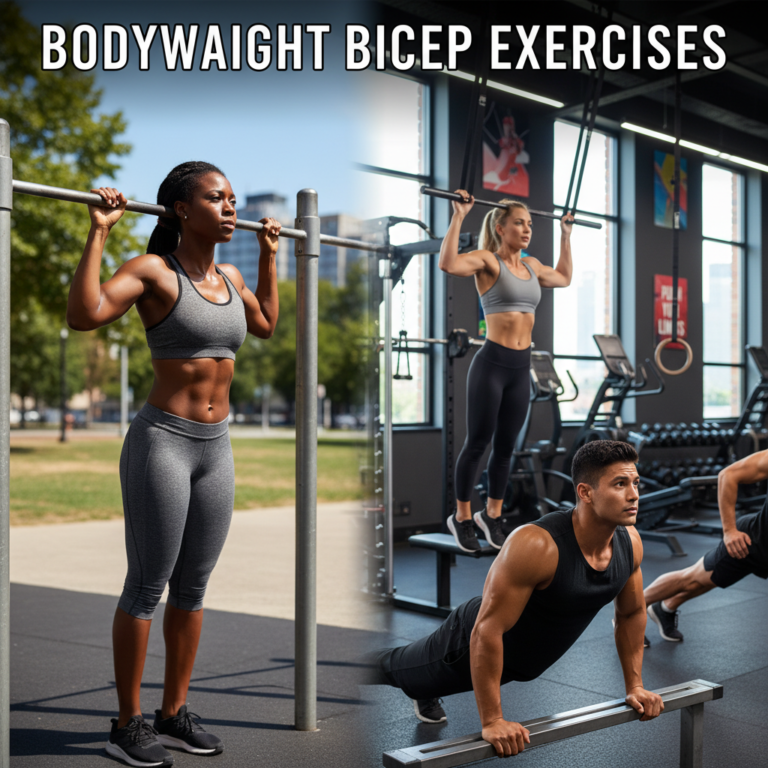A diverse group performs bodyweight bicep exercises outdoors and in a gym, showing form and strength.