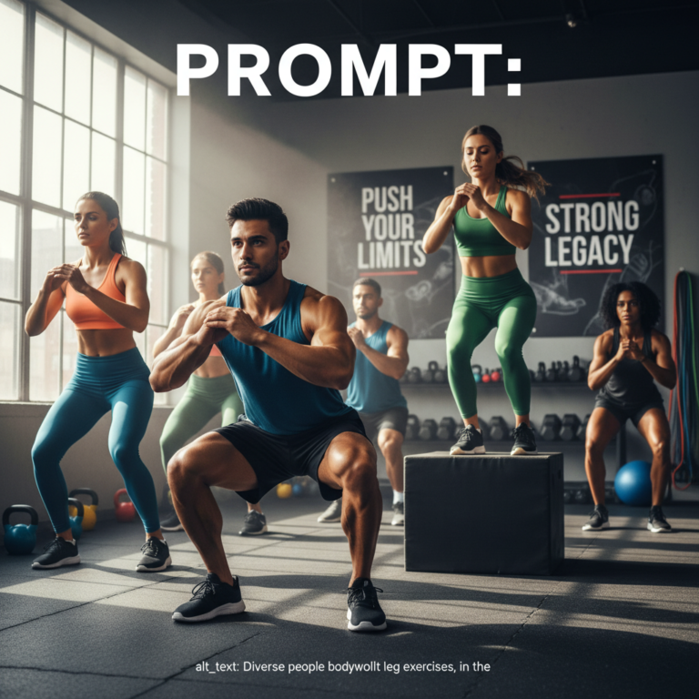 alt_text Diverse people doing bodyweight leg exercises in a vibrant gym, showing strong form and muscle definition.