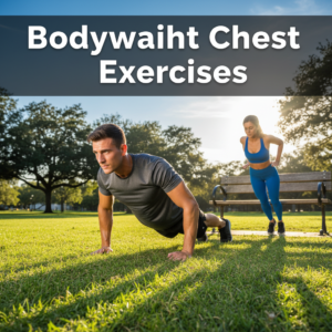 Fit man and woman doing chest exercises in a sunny park, with "Bodyweight Chest Exercises" text.