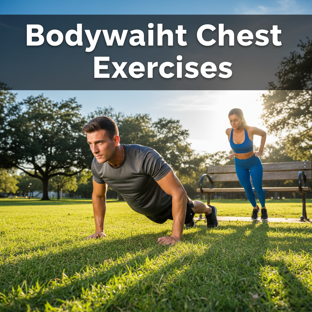 Fit man and woman doing chest exercises in a sunny park, with "Bodyweight Chest Exercises" text.