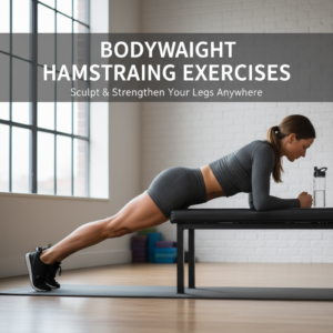 alt_text Fit individual doing a bodyweight hamstring exercise in a bright, minimal gym, showing muscle definition.