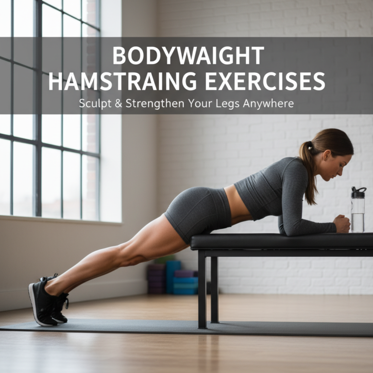 alt_text Fit individual doing a bodyweight hamstring exercise in a bright, minimal gym, showing muscle definition.