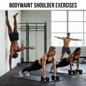 Fit men and women perform bodyweight shoulder exercises in a modern gym, showcasing strength and form.