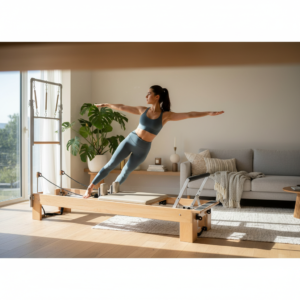 Person practices pilates on a stylish board in a bright, modern living room with cozy home accents.