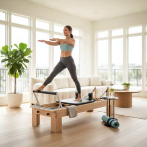 Woman practicing reformer Pilates at home in a bright, modern room with fitness accessories nearby.