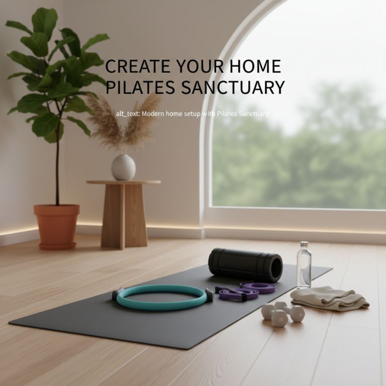 alt_text: Modern home Pilates setup with mat, ring, bands, and dumbbells in a calm, stylish space.
