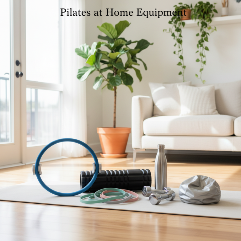 alt_text: Essential pilates equipment neatly arranged in a bright, cozy living room for at-home workouts.