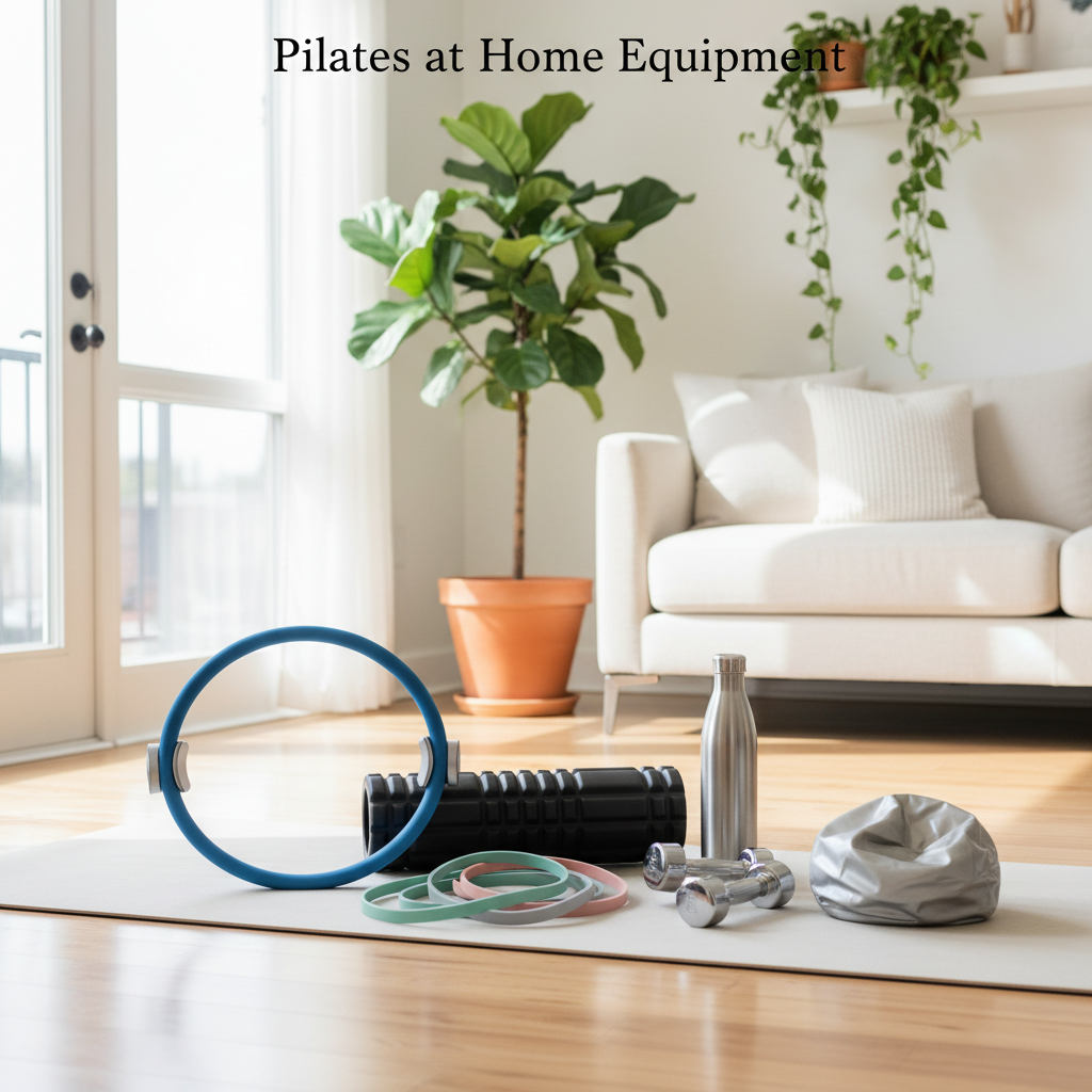 alt_text: Essential pilates equipment neatly arranged in a bright, cozy living room for at-home workouts.