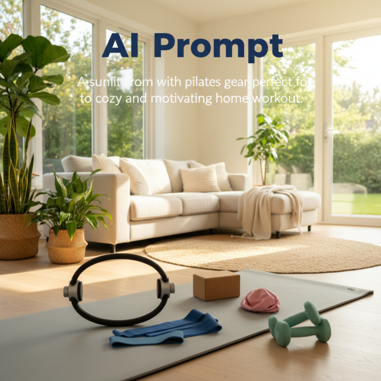 A sunlit living room with pilates gear on a mat, perfect for a cozy and motivating home workout.