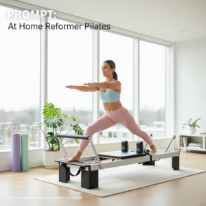 alt_text Woman doing Pilates on a home reformer in a sunlit, modern living room with plants and yoga mats.
