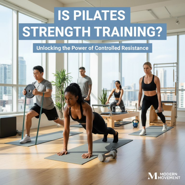 Is Pilates Strength Training? Diverse adults practicing Pilates with weights in a bright, modern studio.