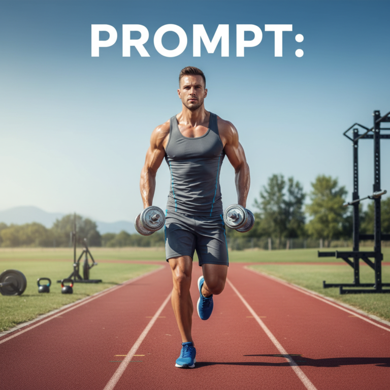 Runner with dumbbells on track, gym gear in background—showing strength and cardio synergy.
