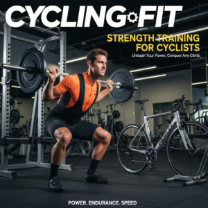 alt_text Cyclist in gym performing barbell squats, bike in background; focus on strength training for cycling.
