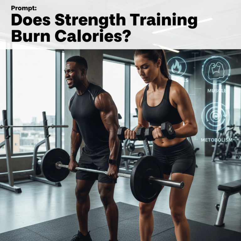 Fit man and woman lifting weights, tracking calories burned in a modern gym with health infographics.