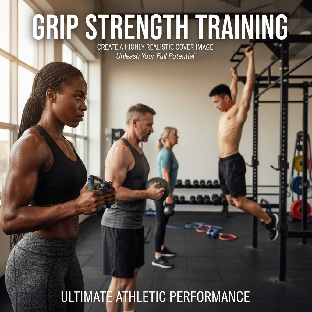 alt_text: Diverse athletes train grip strength with grippers, dead hangs, and kettlebells in a modern gym.
