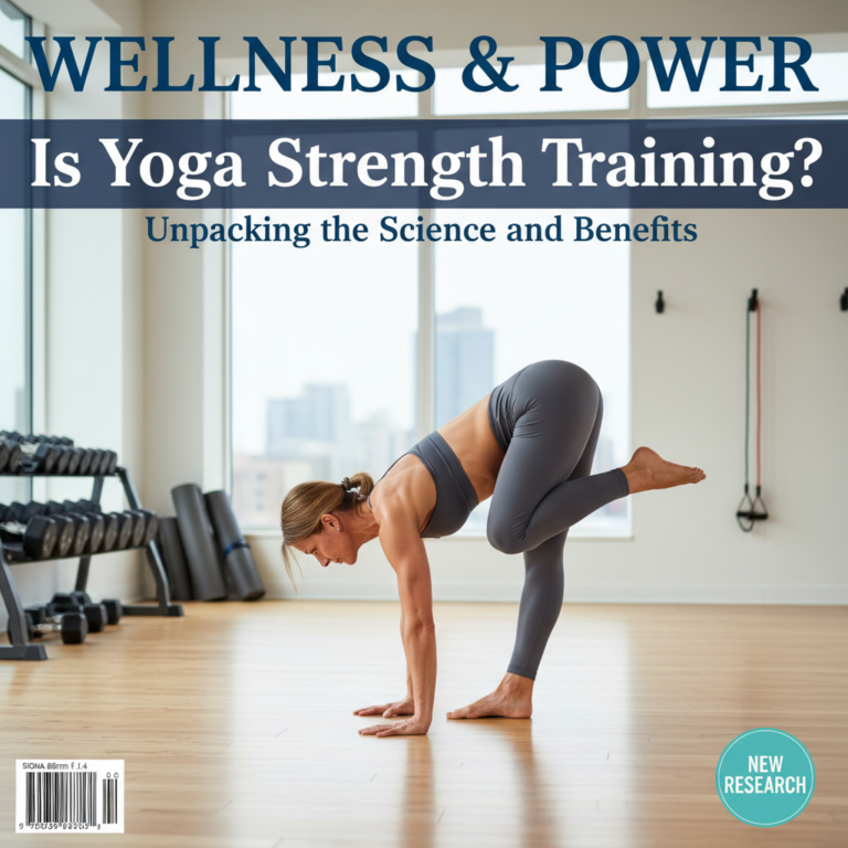 Fit woman in strong yoga pose highlights yoga's strength benefits; modern studio blends gym and serenity.