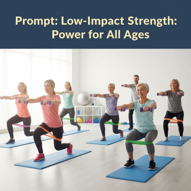 alt_text: Diverse adults doing low-impact strength training in a bright gym, using light weights and bands.