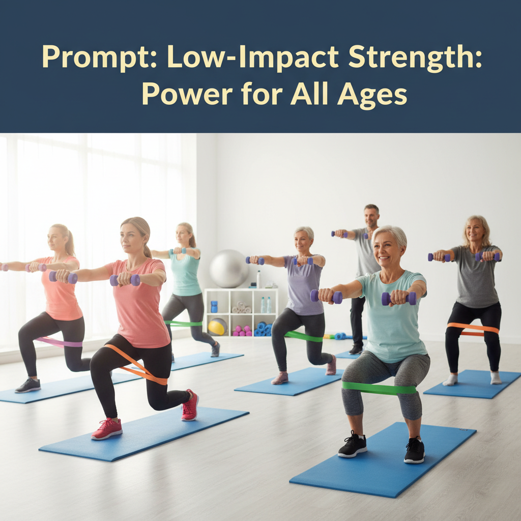 alt_text: Diverse adults doing low-impact strength training in a bright gym, using light weights and bands.