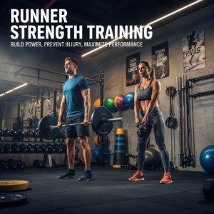 alt_text Male and female runners strength training with gym equipment, showcasing toned muscles and determination.