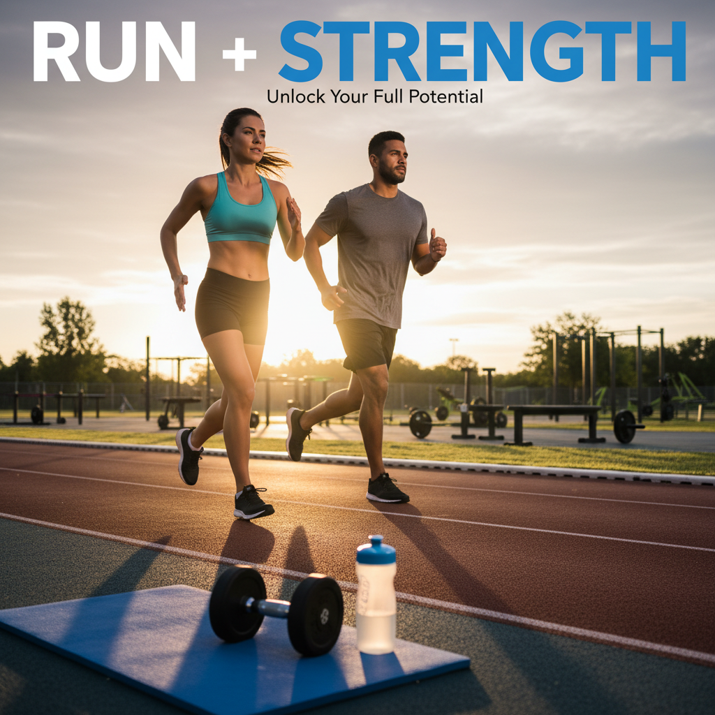 Athletic man and woman run at sunrise with dumbbells and water bottle, highlighting fitness and strength.