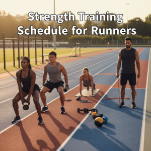 Strength Training Schedule for Runners: Diverse athletes train with weights on a sunlit outdoor track.