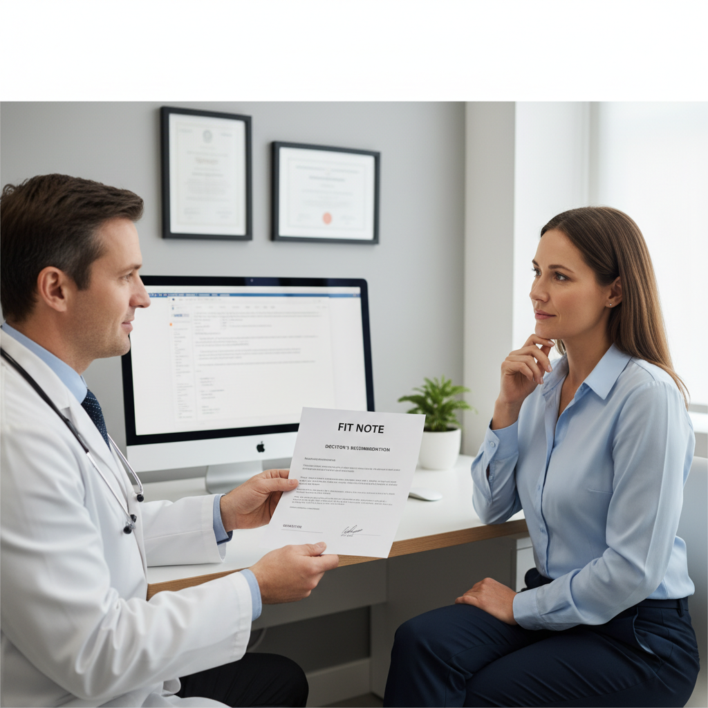 Doctor hands a fit note to a patient in a modern office, highlighting workplace health and advice.