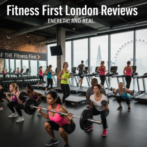 alt_text Diverse London gym-goers working out in a lively Fitness First gym with city views, energetic and real.