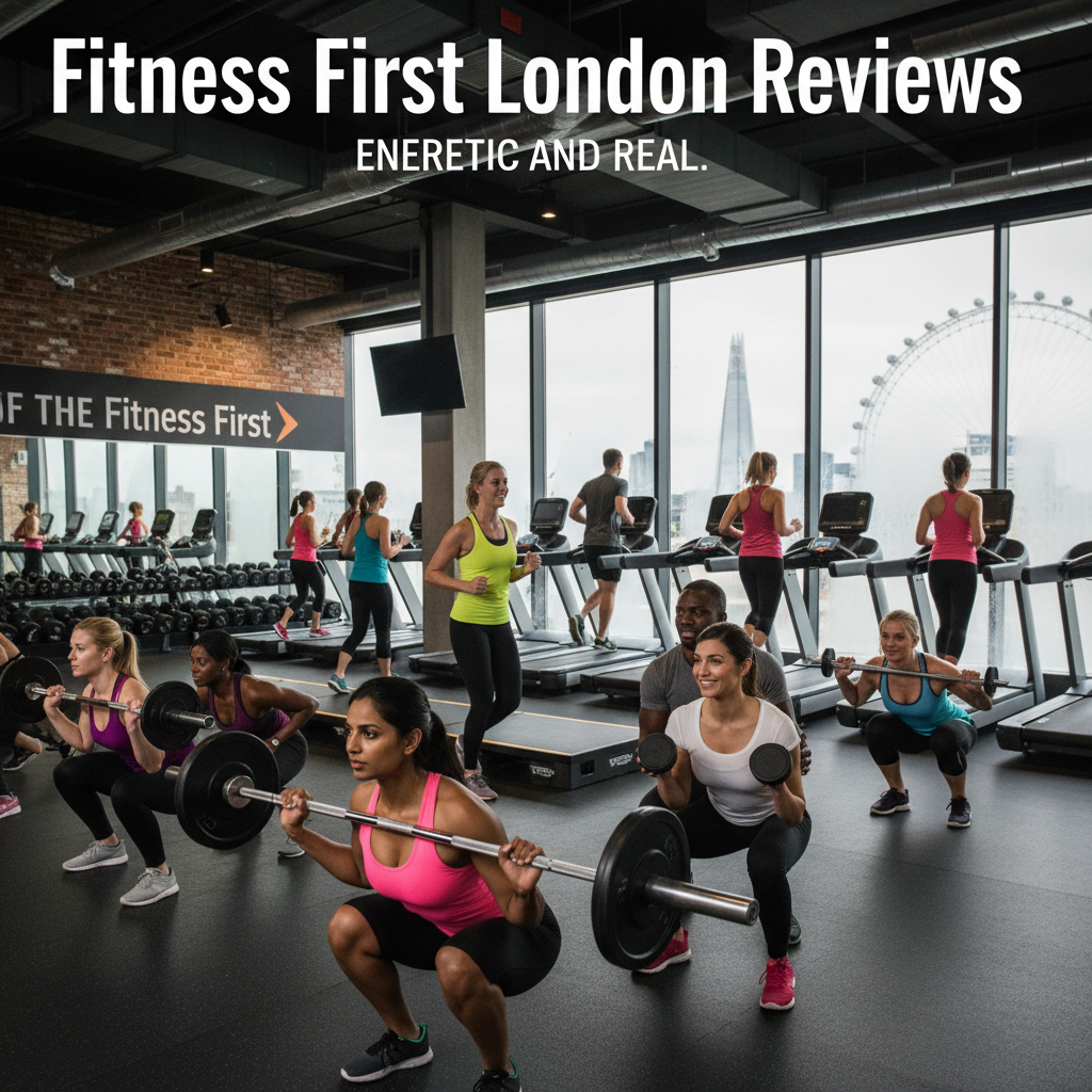 alt_text Diverse London gym-goers working out in a lively Fitness First gym with city views, energetic and real.