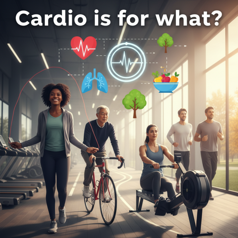 Diverse people doing cardio exercises, heart and health icons, asking: Cardio is for what?