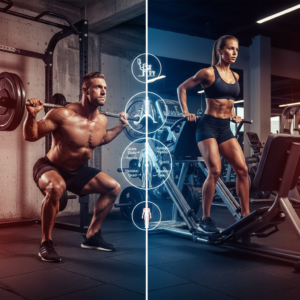 A split scene shows a man squatting and a woman using a leg press, highlighting leg workout differences.