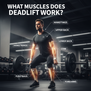 Deadlift exercise highlighting muscles worked: glutes, hamstrings, back, quads, core, and forearms.