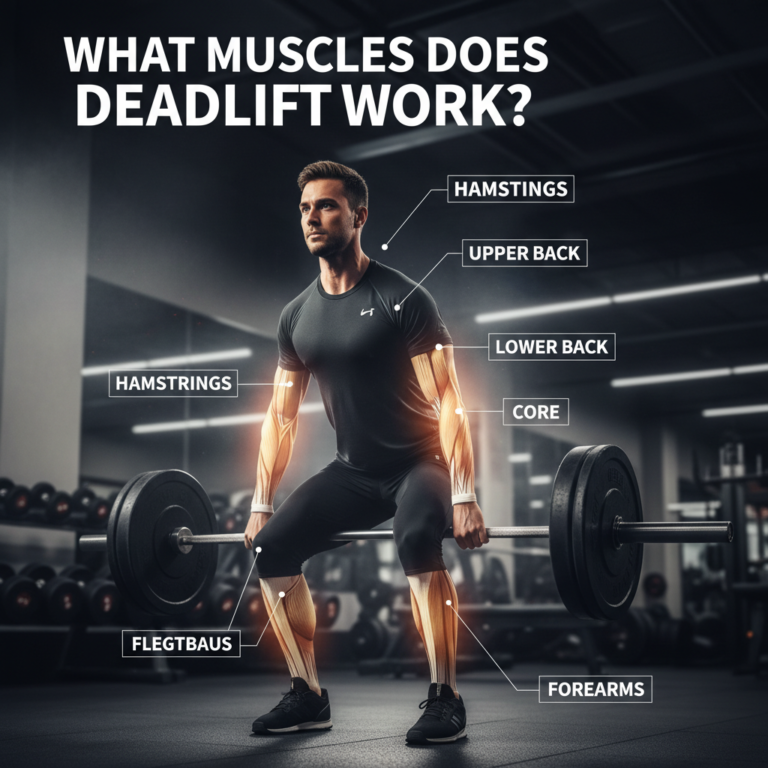 Deadlift exercise highlighting muscles worked: glutes, hamstrings, back, quads, core, and forearms.