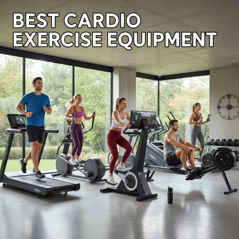 Modern home gym scene with people using top cardio machines; headline reads "Best Cardio Exercise Equipment".