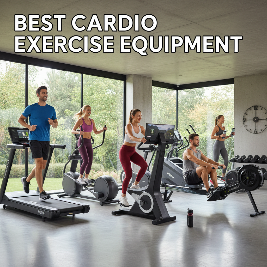 Modern home gym scene with people using top cardio machines; headline reads "Best Cardio Exercise Equipment".