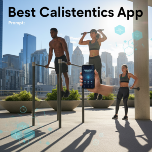 alt_text Diverse athletes use a calisthenics app in a city park, exercising with tech and urban greenery.