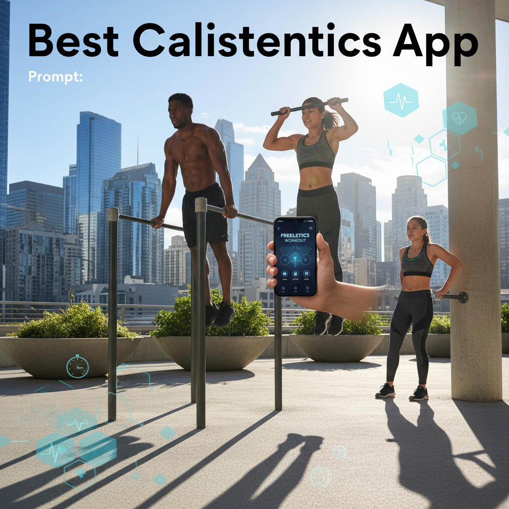alt_text Diverse athletes use a calisthenics app in a city park, exercising with tech and urban greenery.