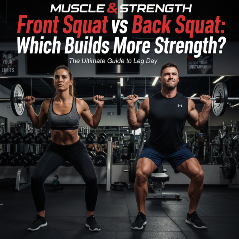 Front Squat vs Back Squat: Two athletes demo top strength moves in a high-energy gym magazine cover.