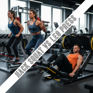 Hack Squat vs Leg Press: Athletes show gym machines and form, set in a vibrant, modern fitness center.