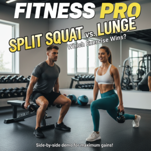 Split Squat vs Lunge: Side-by-side demo in a modern gym for a fitness magazine cover comparison.