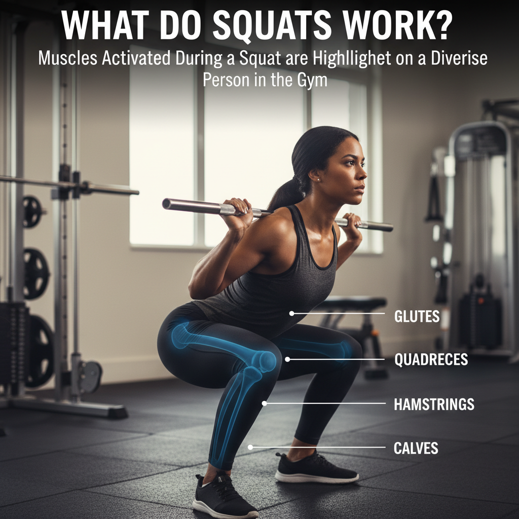 What Do Squats Work? Muscles activated during a squat are highlighted on a diverse person in the gym.