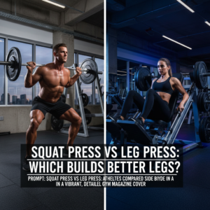 Squat press vs leg press: athletes compared side by side in a vibrant, detailed gym magazine cover.
