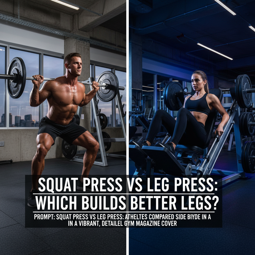 Squat press vs leg press: athletes compared side by side in a vibrant, detailed gym magazine cover.