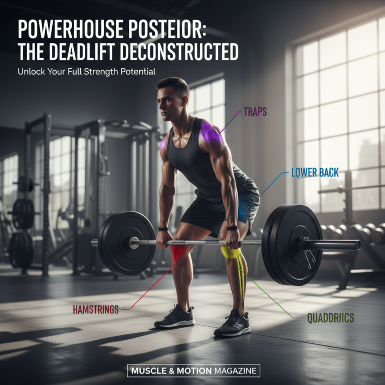 Cover shows a person deadlifting, highlighting and labeling main muscles worked: glutes, hamstrings, back.