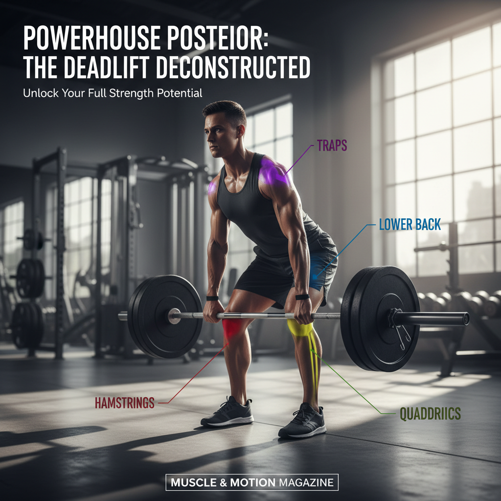 Cover shows a person deadlifting, highlighting and labeling main muscles worked: glutes, hamstrings, back.