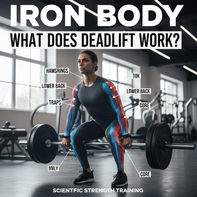 Athlete deadlifts in gym, highlighted muscles shown with callouts: glutes, hamstrings, back, core.