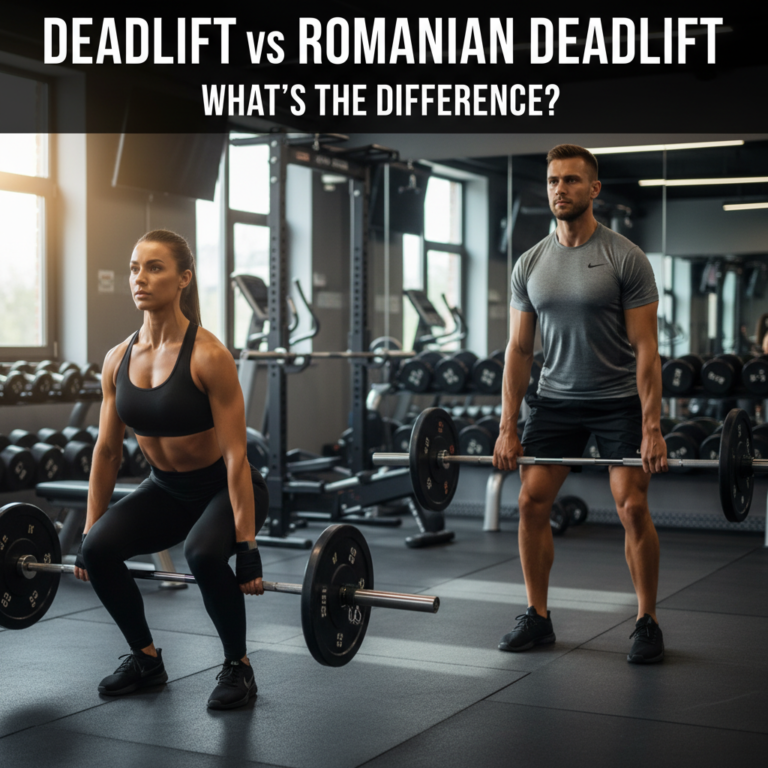 Deadlift vs Romanian Deadlift: Two athletes demonstrate the exercises side by side in a modern gym.